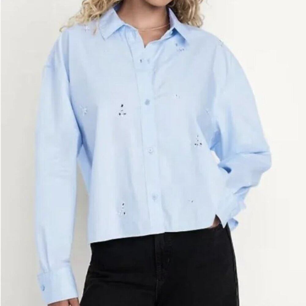 Old Navy Embellished Cropped Button-Down Shirt Blue Rhinestone